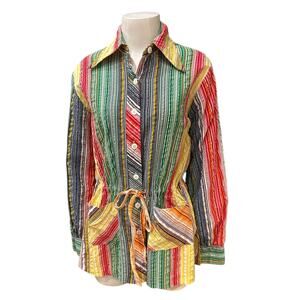 Vintage 1970s Seersucker Rainbow Stripe Button Shirt with Tie Waist / Medium -